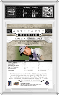 Collin Morikawa from the 2021 Upper Deck Artifacts Golf set featuring a Black parallel graded by Arena Club and given an overall grade of 8.