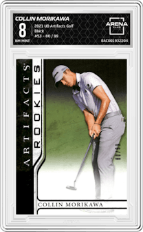 Collin Morikawa from the 2021 Upper Deck Artifacts Golf set featuring a Black parallel graded by Arena Club and given an overall grade of 8.