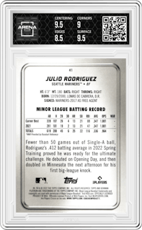 Julio Rodriguez from the 2022 Bowman Platinum set graded by Arena Club and given an overall grade of 9.