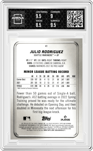 Julio Rodriguez from the 2022 Bowman Platinum set graded by Arena Club and given an overall grade of 9.