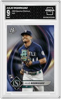Julio Rodriguez from the 2022 Bowman Platinum set graded by Arena Club and given an overall grade of 9.
