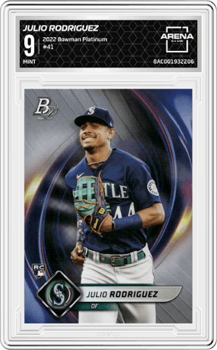 Julio Rodriguez from the 2022 Bowman Platinum set graded by Arena Club and given an overall grade of 9.