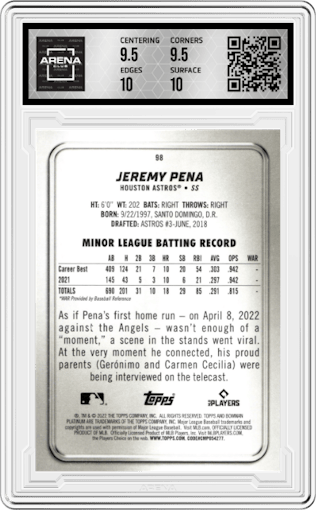 Jeremy Pena from the 2022 Bowman Platinum set graded by Arena Club and given an overall grade of 10.