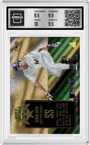 Derek Jeter from the 1995 Pinnacle Zenith set graded by Arena Club and given an overall grade of 10.