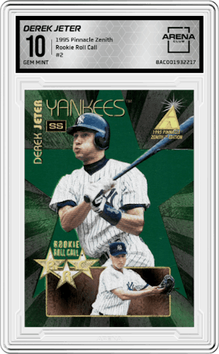 Derek Jeter from the 1995 Pinnacle Zenith set graded by Arena Club and given an overall grade of 10.