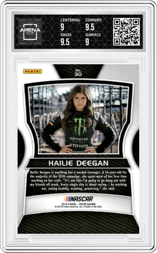 Hailie Deegan from the 2018 Panini Prizm Racing NASCAR set graded by Arena Club and given an overall grade of 9.5.