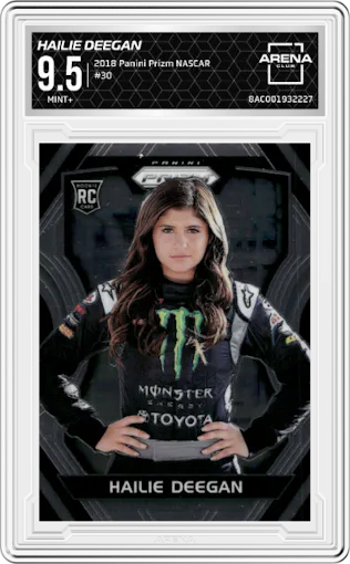 Hailie Deegan from the 2018 Panini Prizm Racing NASCAR set graded by Arena Club and given an overall grade of 9.5.