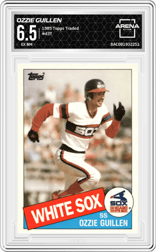 Ozzie Guillen from the 1985 Topps Traded set graded by Arena Club and given an overall grade of 6.5.