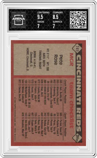 Pete Rose from the 1986 Topps set graded by Arena Club and given an overall grade of 7.5.