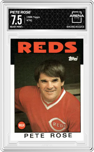 Pete Rose from the 1986 Topps set graded by Arena Club and given an overall grade of 7.5.