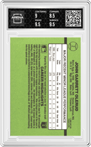 John Olerud from the 1990 Donruss The Rookies set graded by Arena Club and given an overall grade of 9.