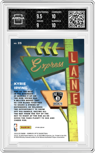 Kyrie Irving from the 2019-20 Panini Donruss Optic set featuring a Gold Wave  parallel graded by Arena Club and given an overall grade of 9.5.