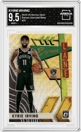 Kyrie Irving from the 2019-20 Panini Donruss Optic set featuring a Gold Wave  parallel graded by Arena Club and given an overall grade of 9.5.