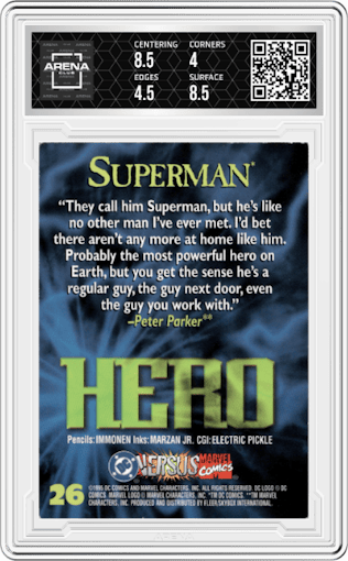 Superman from the 1995 Fleer DC VS Marvel set graded by Arena Club and given an overall grade of 4.5.