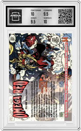 Omega Red from the 1993 Marvel Masterpieces set graded by Arena Club and given an overall grade of 10.