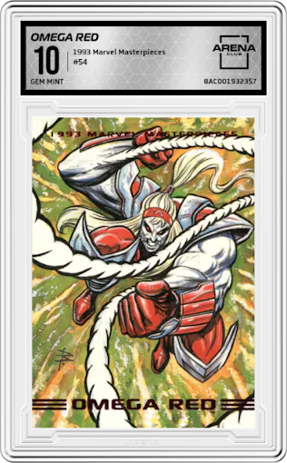 Omega Red from the 1993 Marvel Masterpieces set graded by Arena Club and given an overall grade of 10.