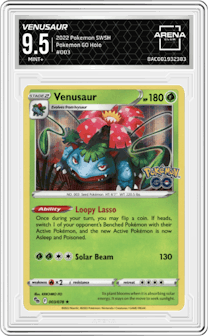 Venusaur from the 2022 Pokemon SWSH set graded by Arena Club and given an overall grade of 9.5.
