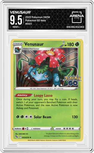 Venusaur from the 2022 Pokemon SWSH set graded by Arena Club and given an overall grade of 9.5.