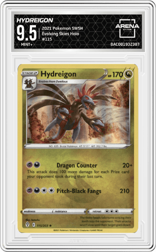 Hydreigon from the 2021 Pokemon SWSH set graded by Arena Club and given an overall grade of 9.5.
