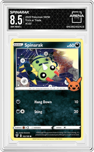 Spinarak from the 2022 Pokemon SWSH set graded by Arena Club and given an overall grade of 8.5.