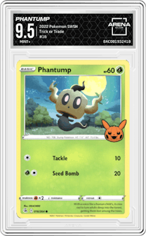 Phantump from the 2022 Pokemon SWSH set graded by Arena Club and given an overall grade of 9.5.