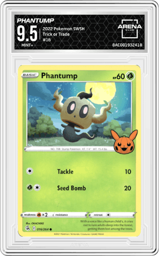 Phantump from the 2022 Pokemon SWSH set graded by Arena Club and given an overall grade of 9.5.