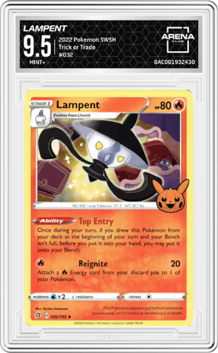 Lampent from the 2022 Pokemon SWSH set graded by Arena Club and given an overall grade of 9.5.