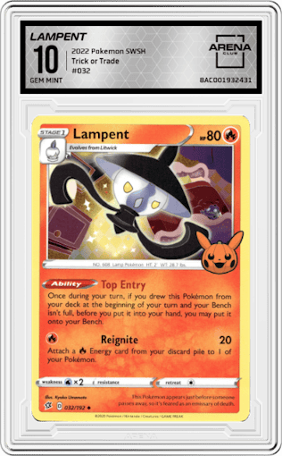 Lampent from the 2022 Pokemon SWSH set graded by Arena Club and given an overall grade of 10.