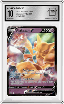 Alakazam V from the 2021 Pokemon SWSH set featuring a Alakazam V Box parallel graded by Arena Club and given an overall grade of 10.