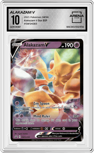 Alakazam V from the 2021 Pokemon SWSH set featuring a Alakazam V Box parallel graded by Arena Club and given an overall grade of 10.