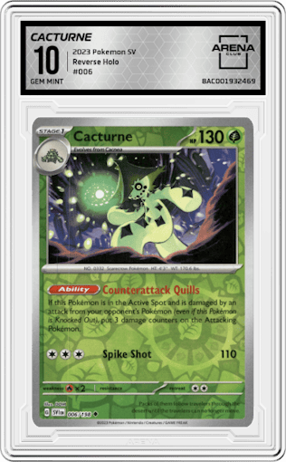 Cacturne from the 2023 Pokemon SV set graded by Arena Club and given an overall grade of 10.