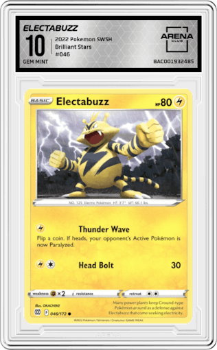 Electabuzz from the 2022 Pokemon SWSH set graded by Arena Club and given an overall grade of 10.