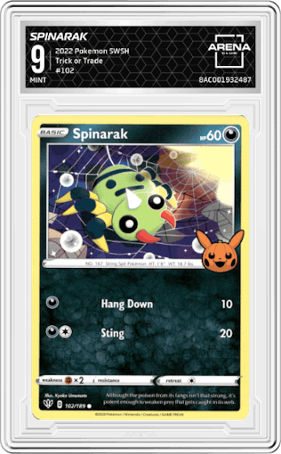 Spinarak from the 2022 Pokemon SWSH set graded by Arena Club and given an overall grade of 9.