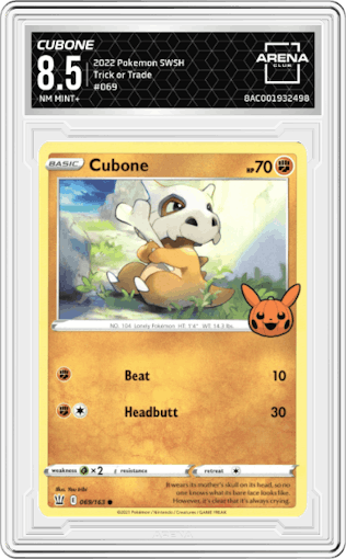 Cubone from the 2022 Pokemon SWSH set graded by Arena Club and given an overall grade of 8.5.