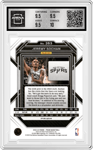 Jeremy Sochan from the 2022-23 Panini Prizm  set featuring a Silver Prizm parallel graded by Arena Club and given an overall grade of 10.