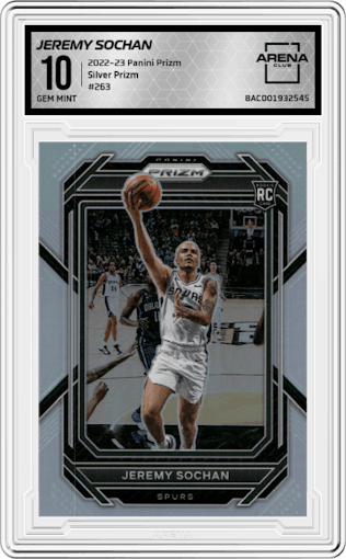 Jeremy Sochan from the 2022-23 Panini Prizm  set featuring a Silver Prizm parallel graded by Arena Club and given an overall grade of 10.