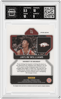 Jaylin Williams from the 2022-23 Panini Prizm Draft Picks set featuring a Hyper parallel graded by Arena Club and given an overall grade of 9.
