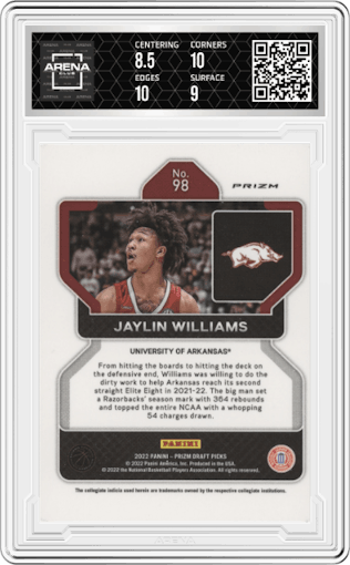 Jaylin Williams from the 2022-23 Panini Prizm Draft Picks set featuring a Hyper parallel graded by Arena Club and given an overall grade of 9.