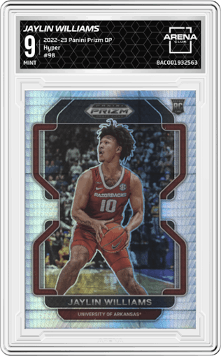 Jaylin Williams from the 2022-23 Panini Prizm Draft Picks set featuring a Hyper parallel graded by Arena Club and given an overall grade of 9.