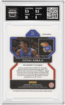 Ochai Agbaji from the 2022-23 Panini Prizm Draft Picks set featuring a Hyper parallel graded by Arena Club and given an overall grade of 9.5.