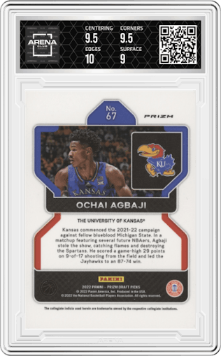 Ochai Agbaji from the 2022-23 Panini Prizm Draft Picks set featuring a Hyper parallel graded by Arena Club and given an overall grade of 9.5.