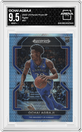 Ochai Agbaji from the 2022-23 Panini Prizm Draft Picks set featuring a Hyper parallel graded by Arena Club and given an overall grade of 9.5.