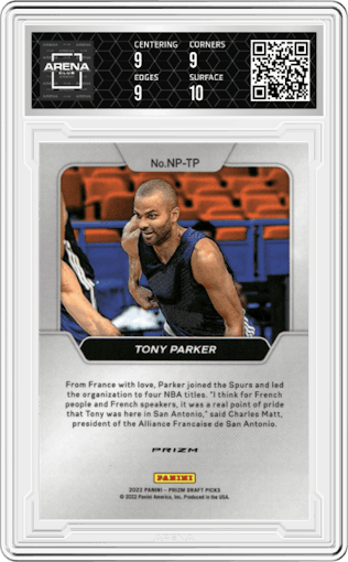 Tony Parker from the 2022-23 Panini Prizm Draft Picks set graded by Arena Club and given an overall grade of 9.5.