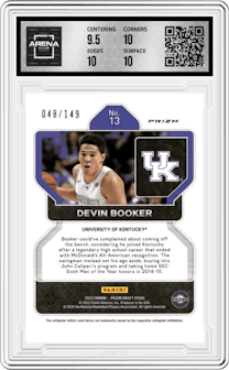 Devin Booker from the 2022-23 Panini Prizm Draft Picks set featuring a Purple Ice parallel graded by Arena Club and given an overall grade of 10.