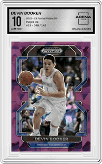 Devin Booker from the 2022-23 Panini Prizm Draft Picks set featuring a Purple Ice parallel graded by Arena Club and given an overall grade of 10.