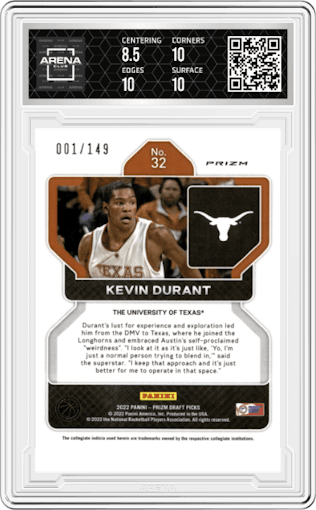 Kevin Durant from the 2022-23 Panini Prizm Draft Picks set featuring a Purple Ice parallel graded by Arena Club and given an overall grade of 9.