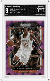 Kevin Durant from the 2022-23 Panini Prizm Draft Picks set featuring a Purple Ice parallel graded by Arena Club and given an overall grade of 9.
