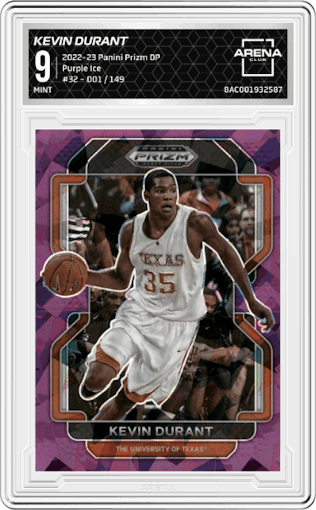 Kevin Durant from the 2022-23 Panini Prizm Draft Picks set featuring a Purple Ice parallel graded by Arena Club and given an overall grade of 9.