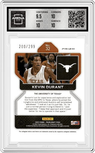 Kevin Durant from the 2022-23 Panini Prizm Draft Picks set featuring a Red Prizm parallel graded by Arena Club and given an overall grade of 10.