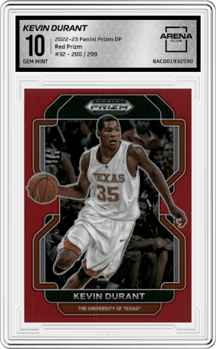 Kevin Durant from the 2022-23 Panini Prizm Draft Picks set featuring a Red Prizm parallel graded by Arena Club and given an overall grade of 10.